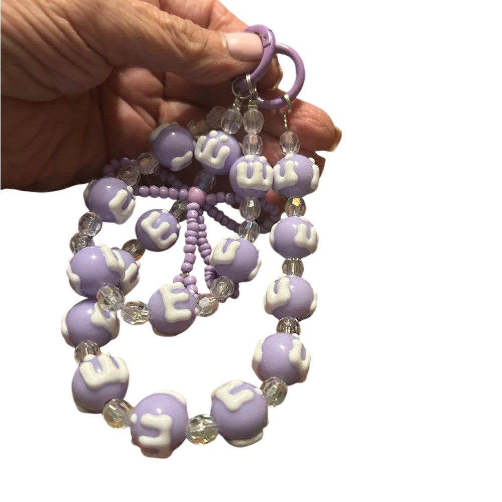Purple Wristlet Purse Charm Cell Phone Charm w Hand Painted Beads HANDMADE NEW